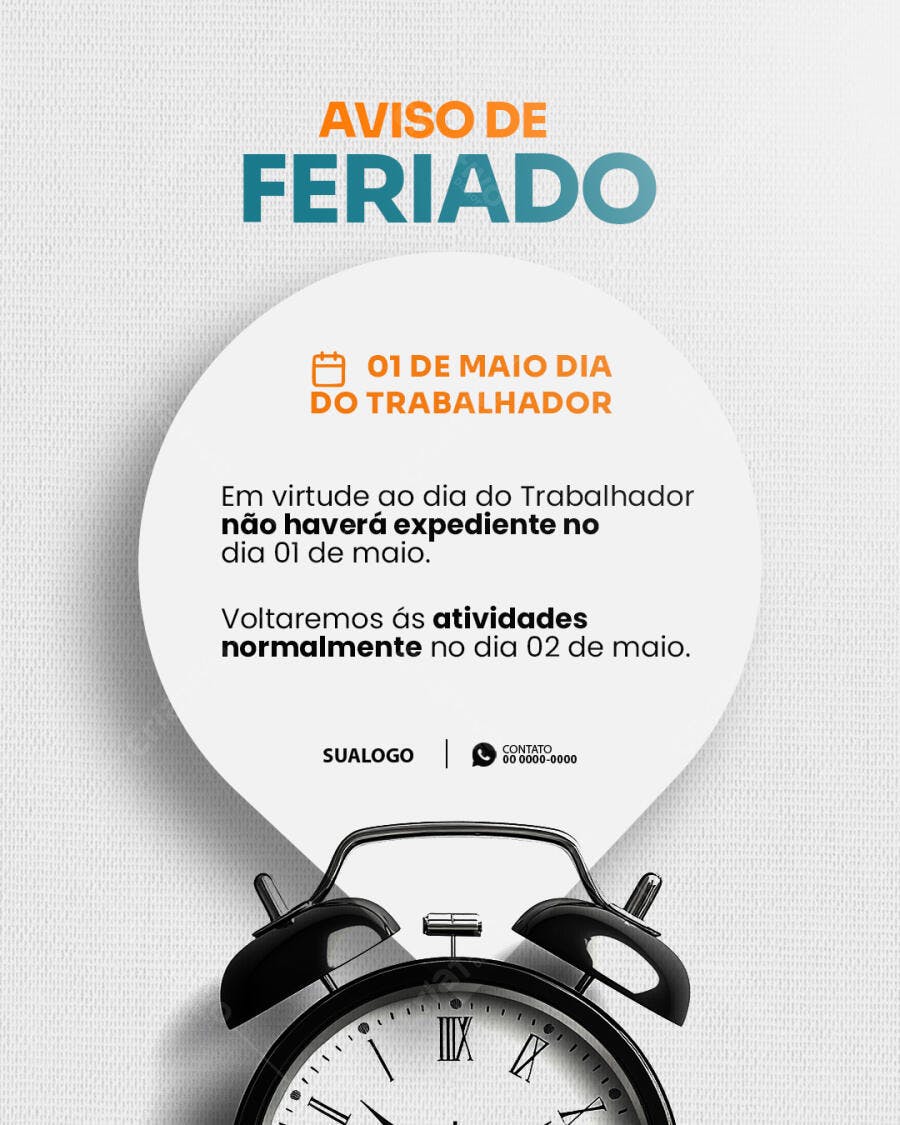 Aviso de Feriado 01 de Maio PSD Editável