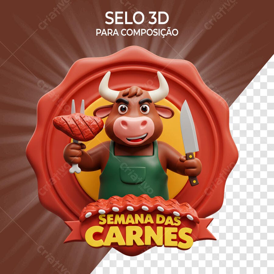Selo 3D promocional touro açougueiro vermelho e marrom