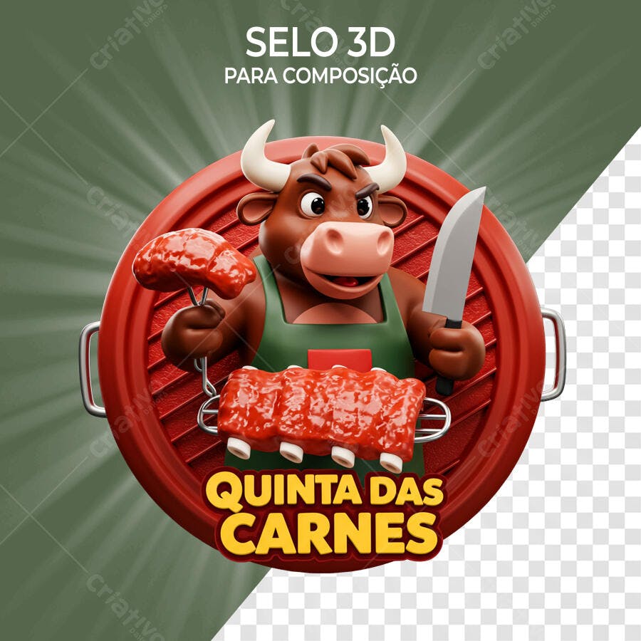 Selo 3D promocional touro churrasqueiro vermelho