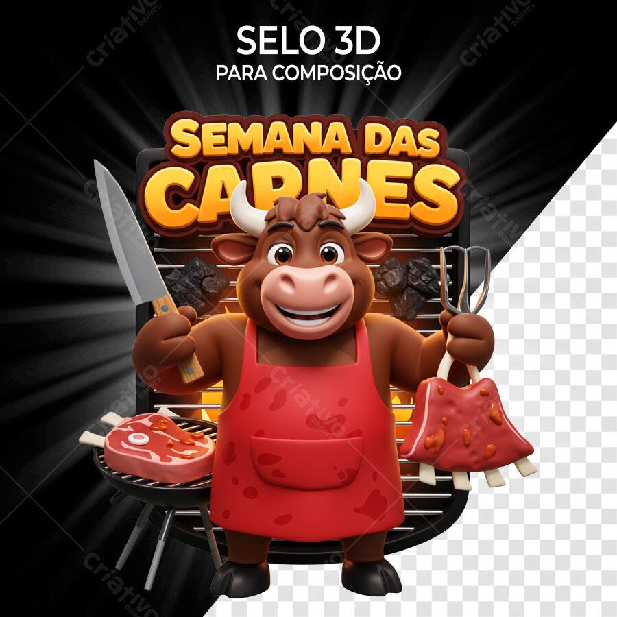 Selo 3D Churrasco Touro Vermelho e Marrom