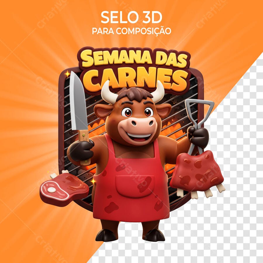 Selo 3D promocional Semana das Carnes touro açougueiro