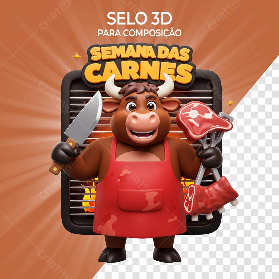 Selo 3D promocional Semana das Carnes touro açougueiro