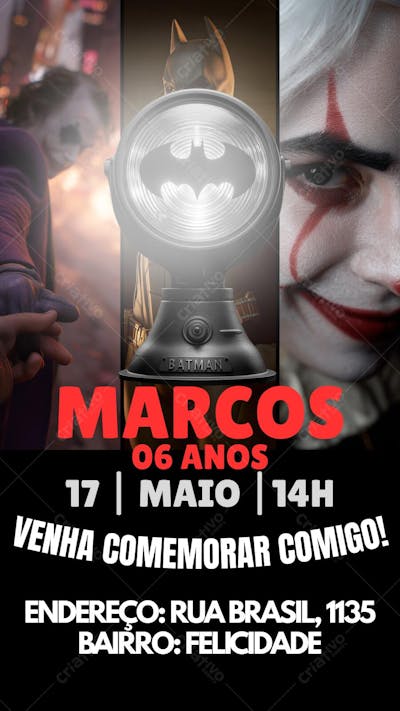 convite infantil de aniversáRIO BATMAN, CORINGA E ALERQUINA