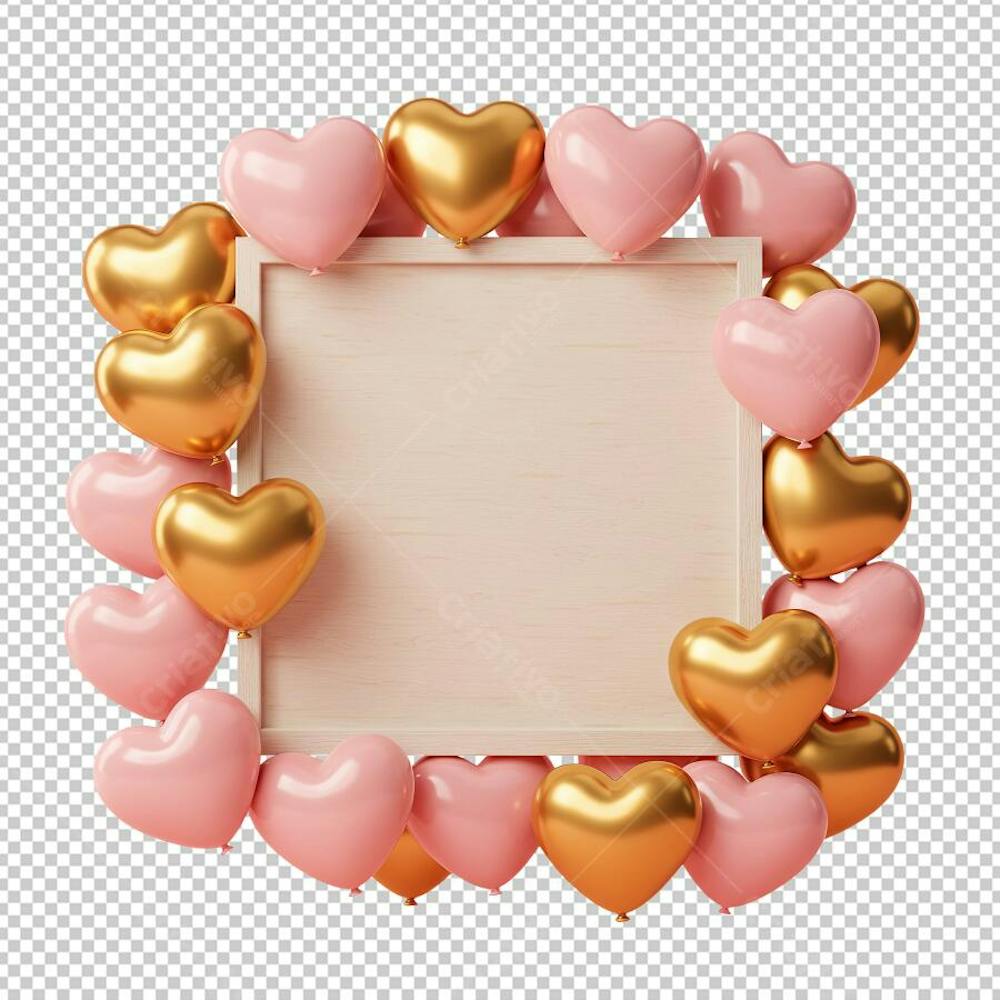 Quadro Moldura com Corações Rosa e Dourado