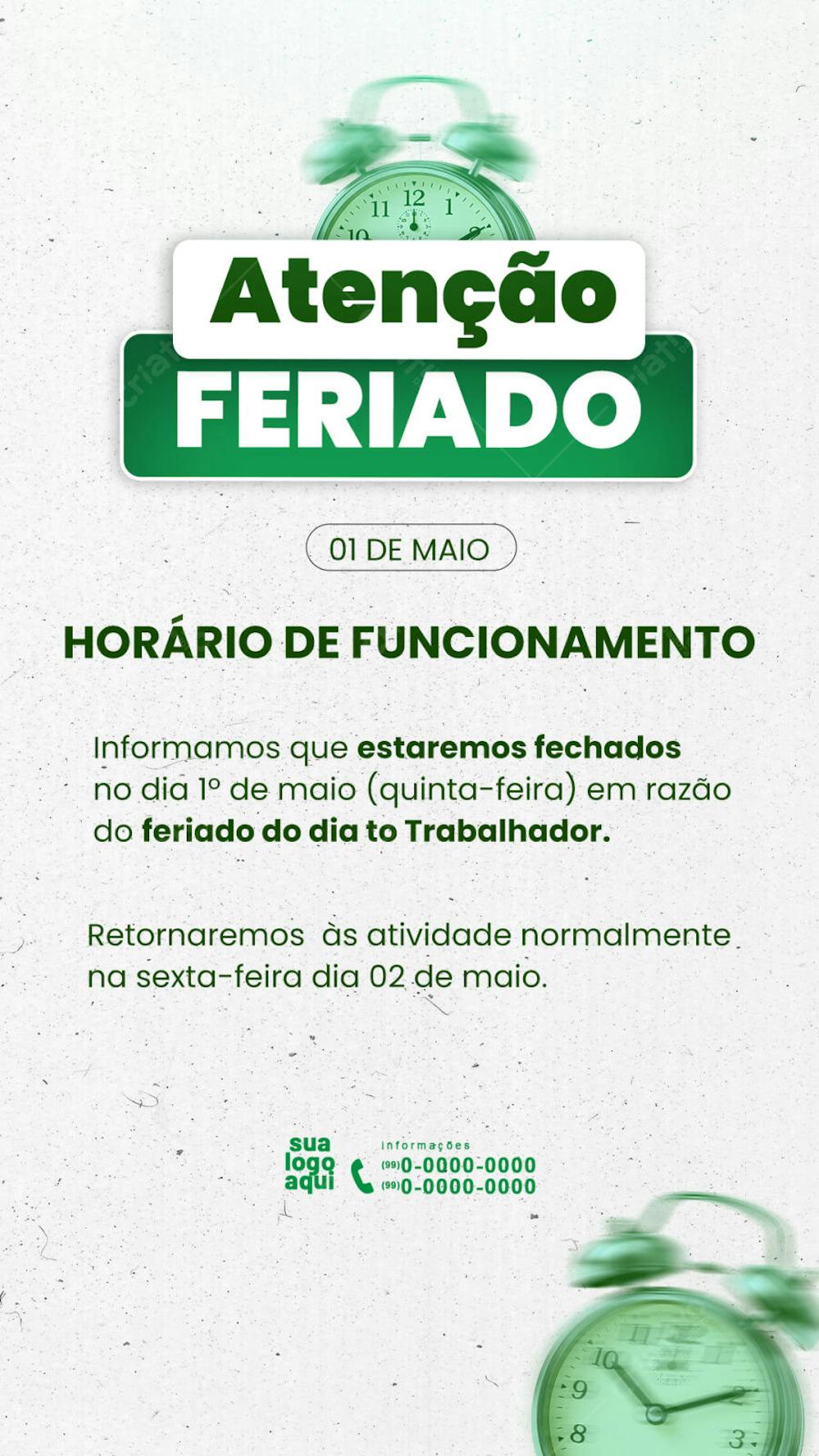 Aviso horário de funcionamento no feriado 01 maio - story
