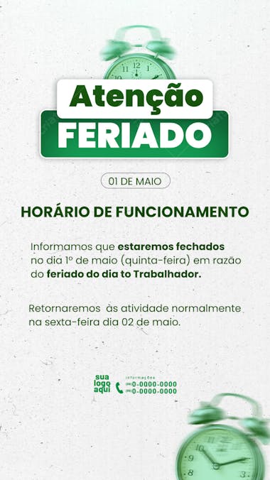 Aviso horário de funcionamento no feriado 01 maio - story