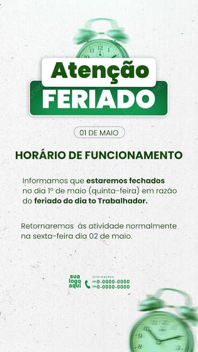 Aviso horário de funcionamento no feriado 01 maio - story