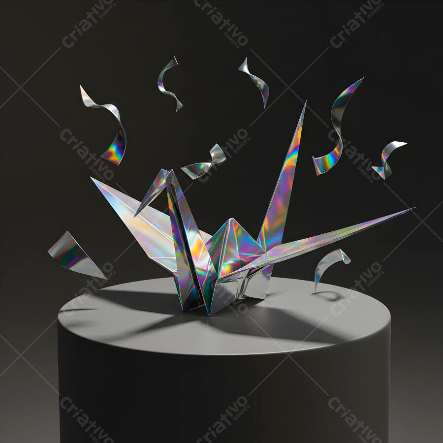 Guindaste de Origami Iridiscente sobre Pedestal
