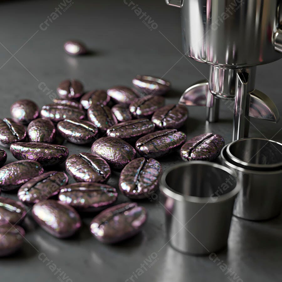 Grãos de café iridescentes perto de moedor