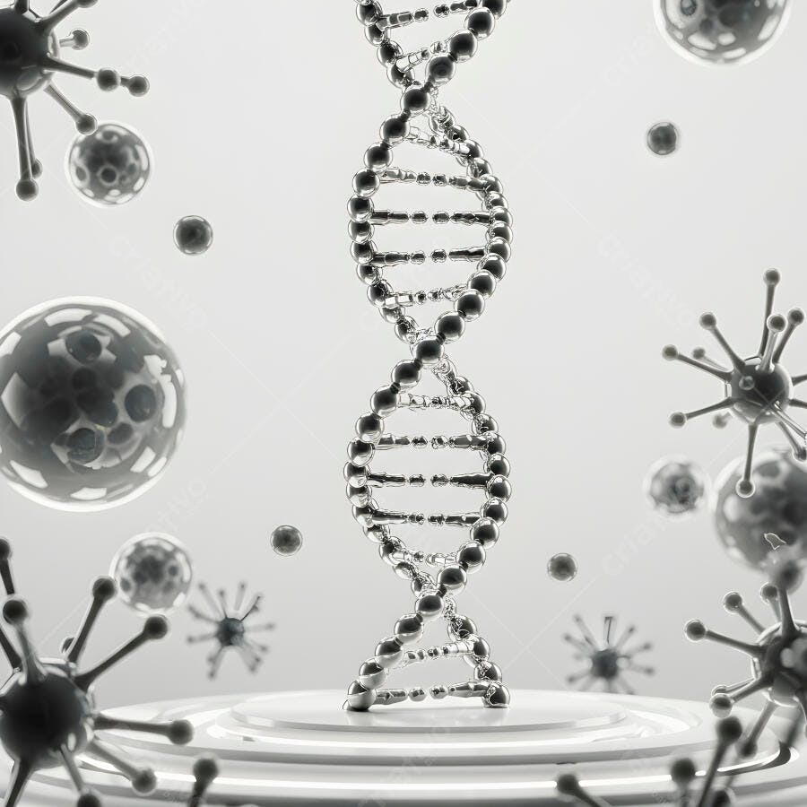 Molécula de DNA em fundo branco com vírus