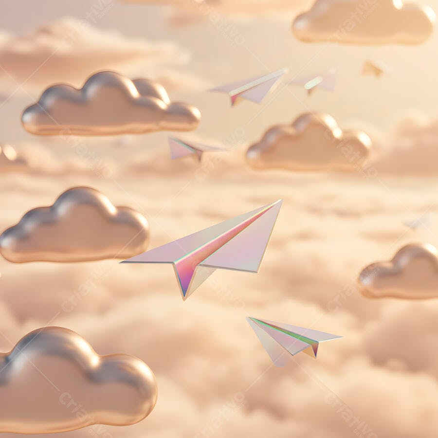 Aviões de papel iridescente em céu pastel