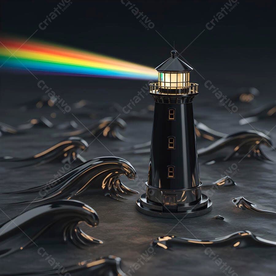 Farol negro em mar tempestuoso com arco-íris
