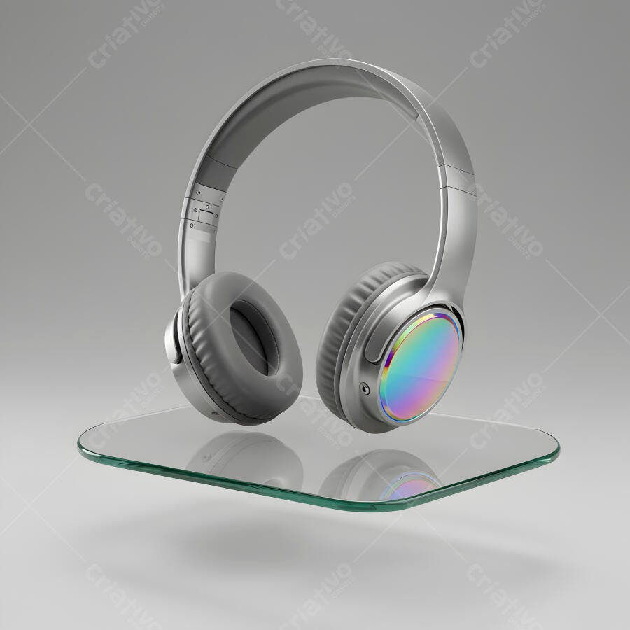 Fone de ouvido cinza com detalhes holográficos