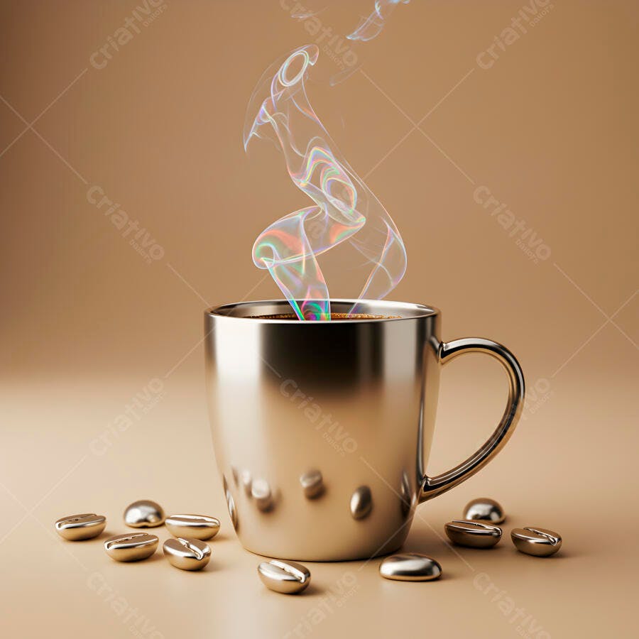 Xícara de café fumegante com grãos