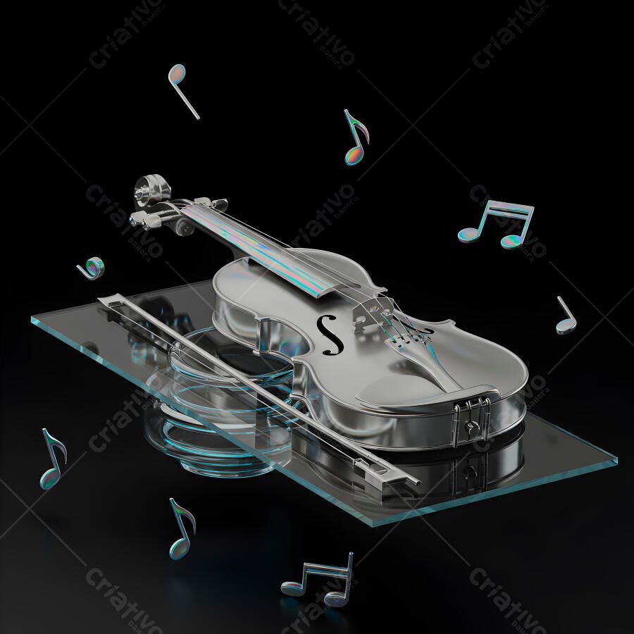 Violino metálico sobre vidro com notas musicais