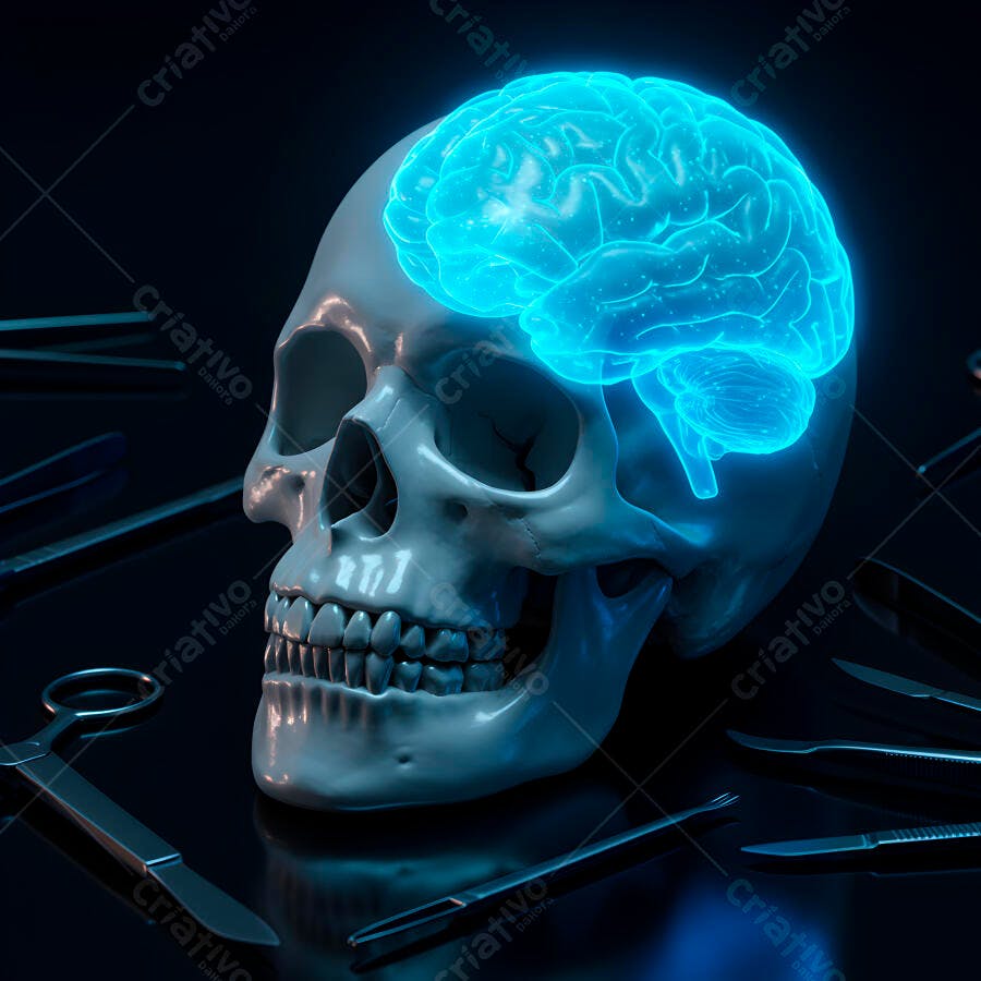Crânio com cérebro azul digital instrumentos cirúrgicos