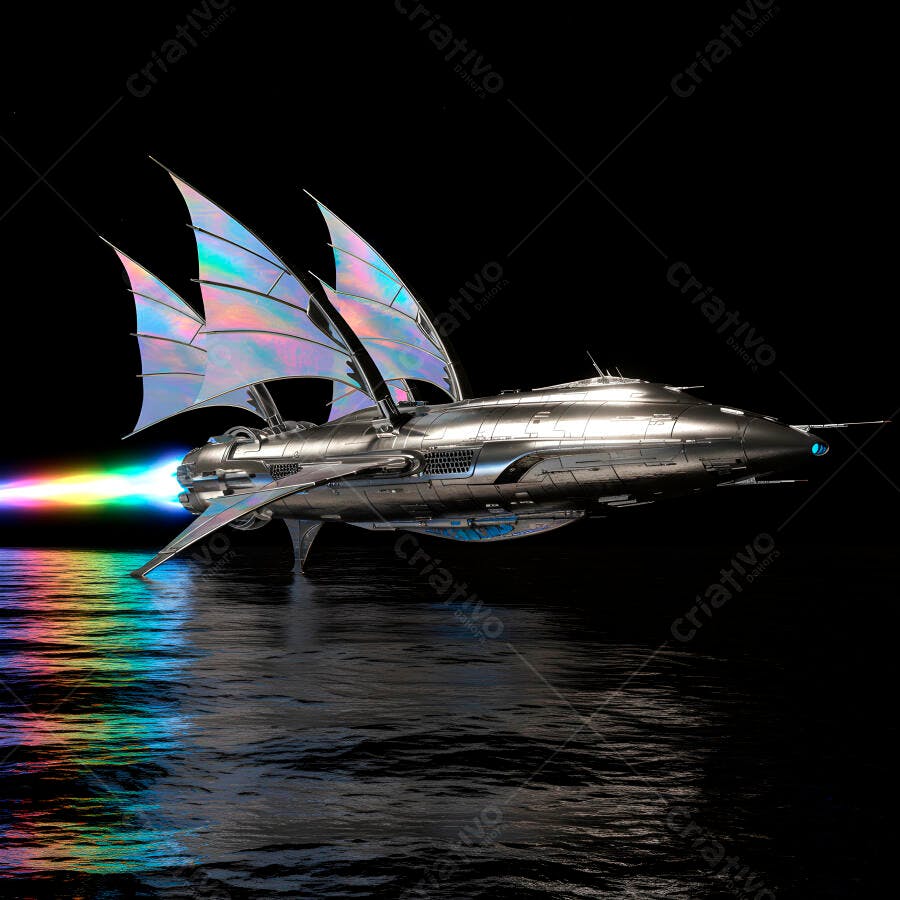 Nave espacial futurista sobre águas escuras