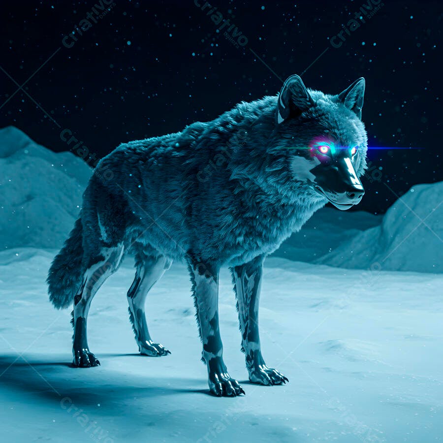 Lobo cibernético em paisagem nevada noturna