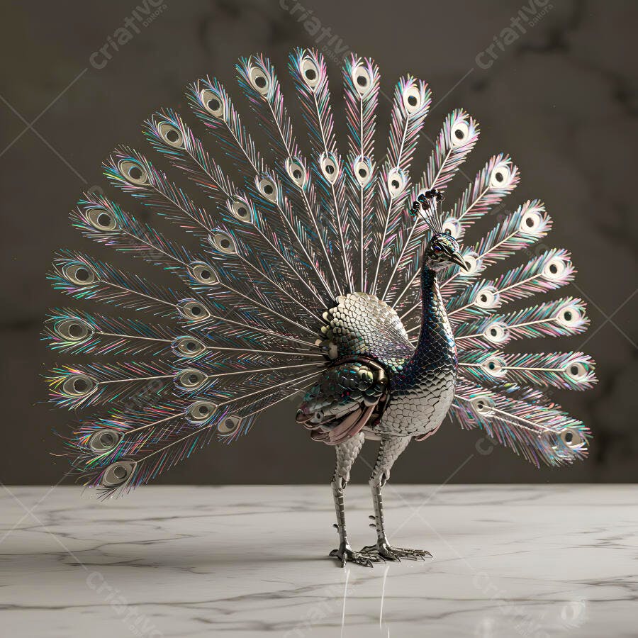 Pavão metálico com cauda iridescente