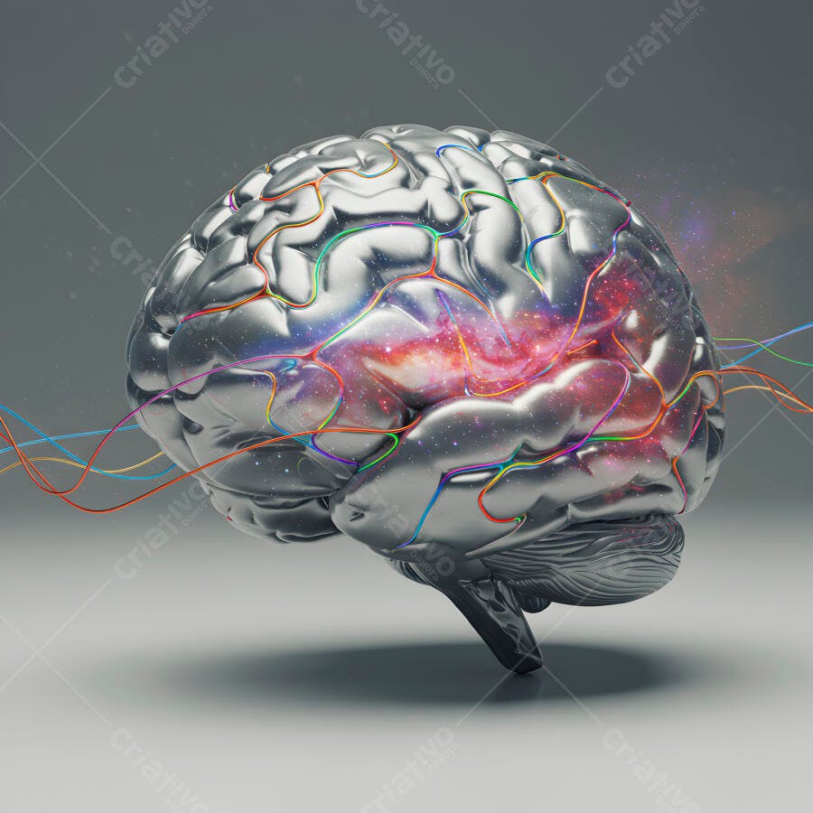 Cérebro metálico com conexões coloridas e universo interno