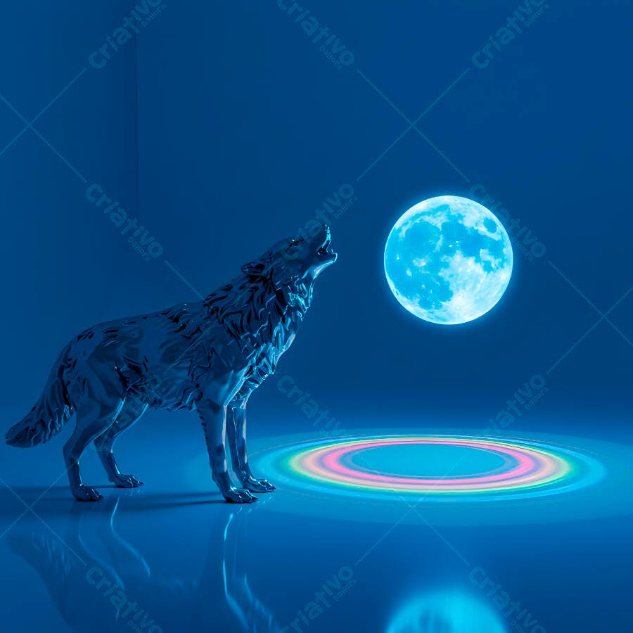 Lobo metálico uivando para a lua azul