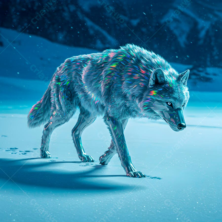 Lobo branco futurista na neve noturna