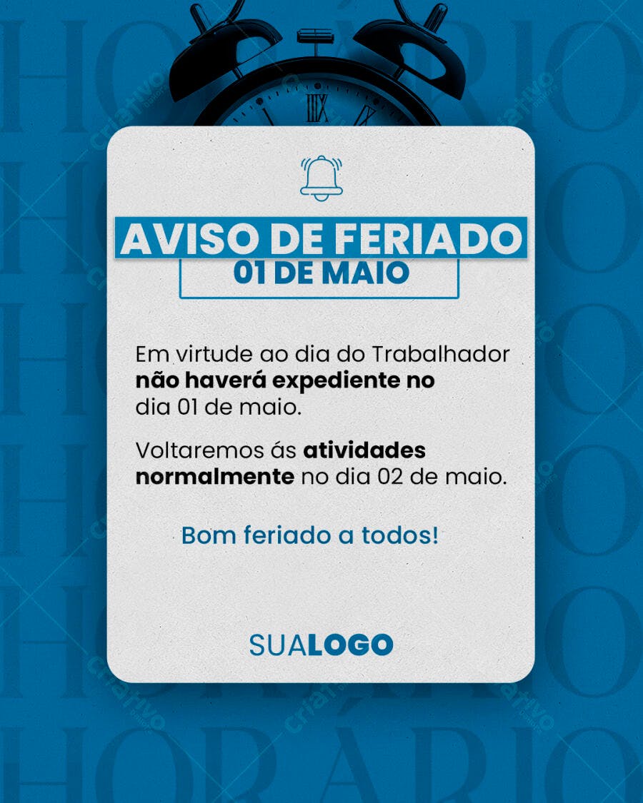 Aviso de Feriado 01 de Maio PSD Editável