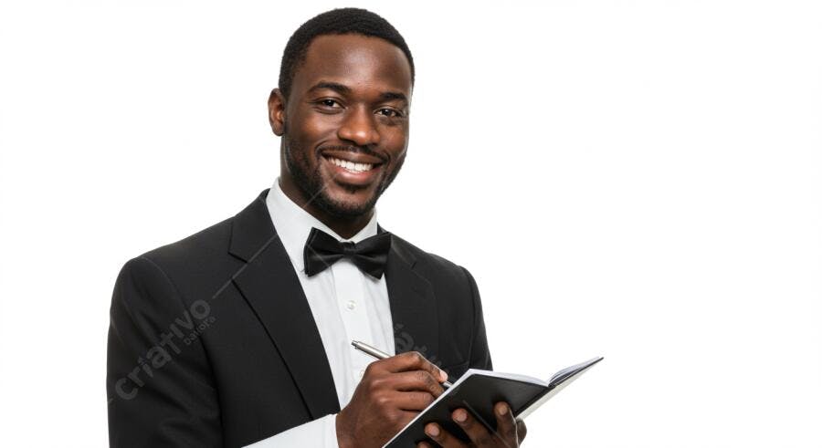 Homem negro em smoking escrevendo em bloco de notas