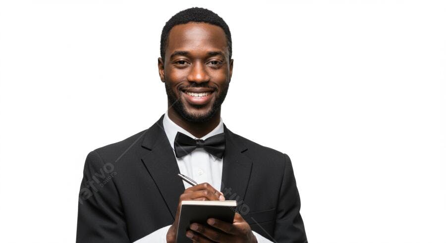 Garçom afro-americano escrevendo em bloco de notas