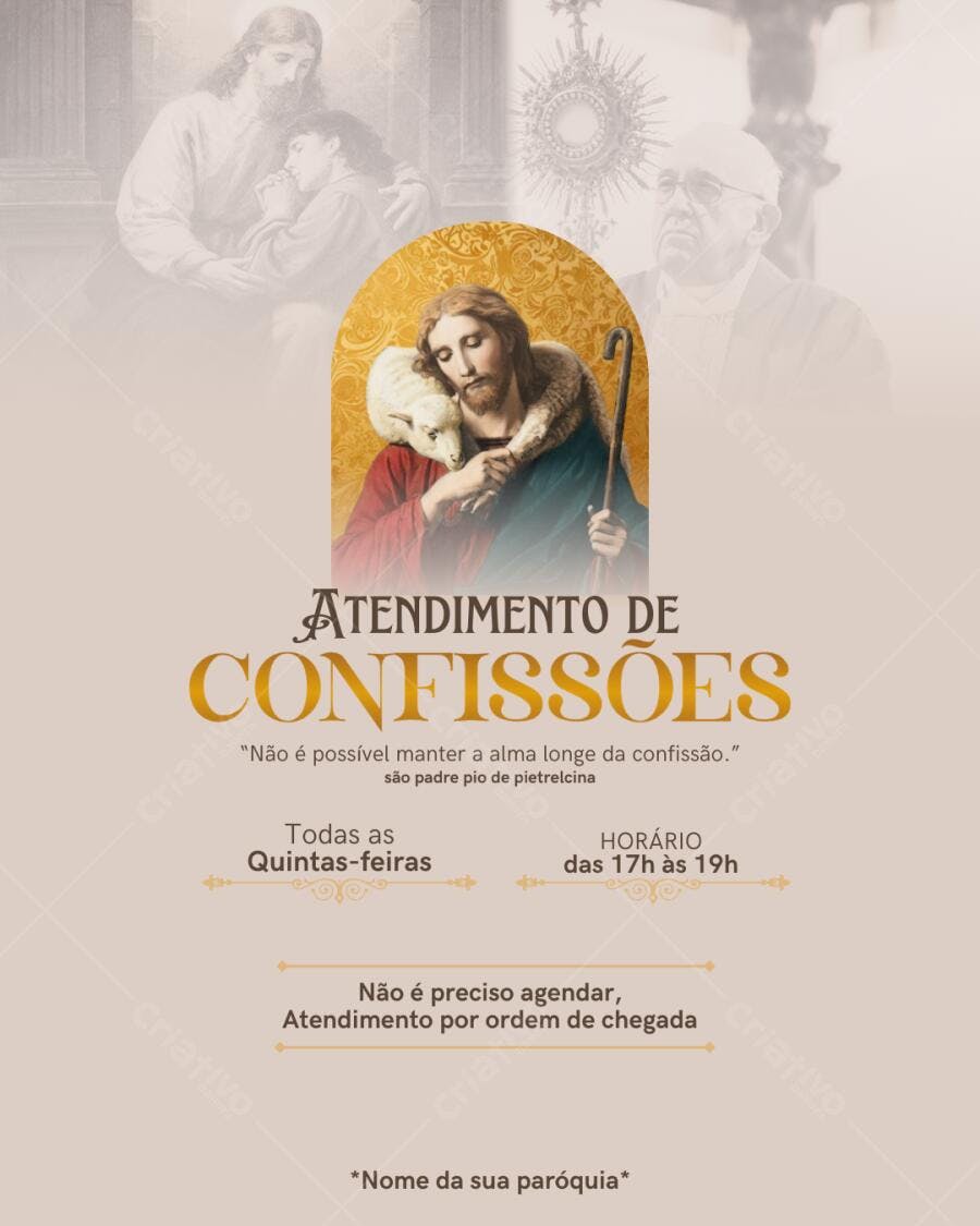 Cartaz Confissões Religioso Dourado e Bege Editável no Canva