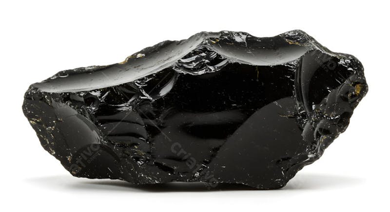 Pedra de obsidiana bruta com superfície preta brilhante e bordas afiadas
