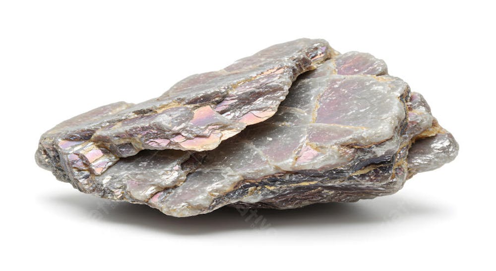 Pedra de ardósia rosa em camadas com estratificação natural sobre fundo branco