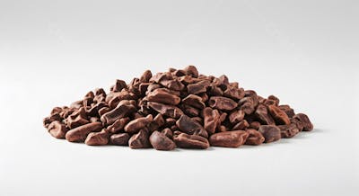 Pilha de nibs de cacau em fundo branco