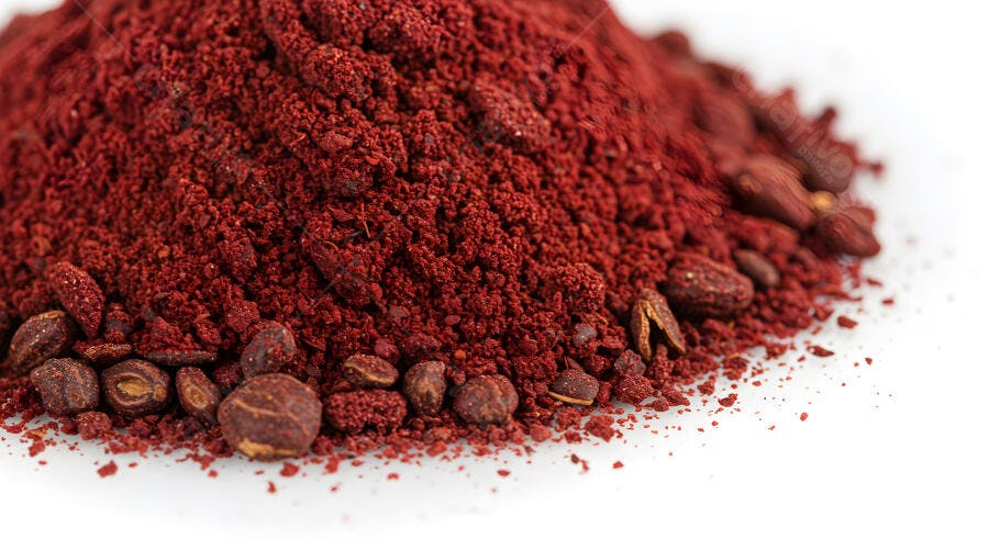 Pó vermelho de frutas com sementes