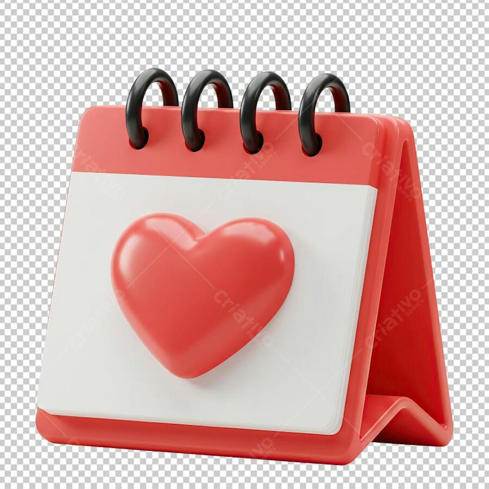 Calendário Coração Vermelho Renderizado em 3D