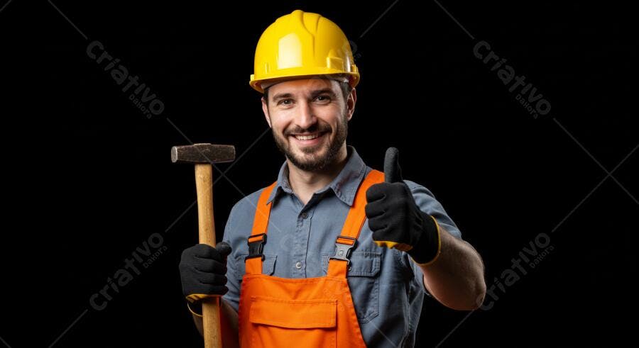 Homem sorrindo com martelo mostrando positivo