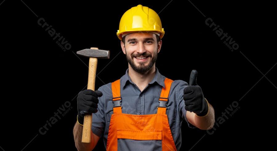 Homem sorridente com martelo e capacete amarelo