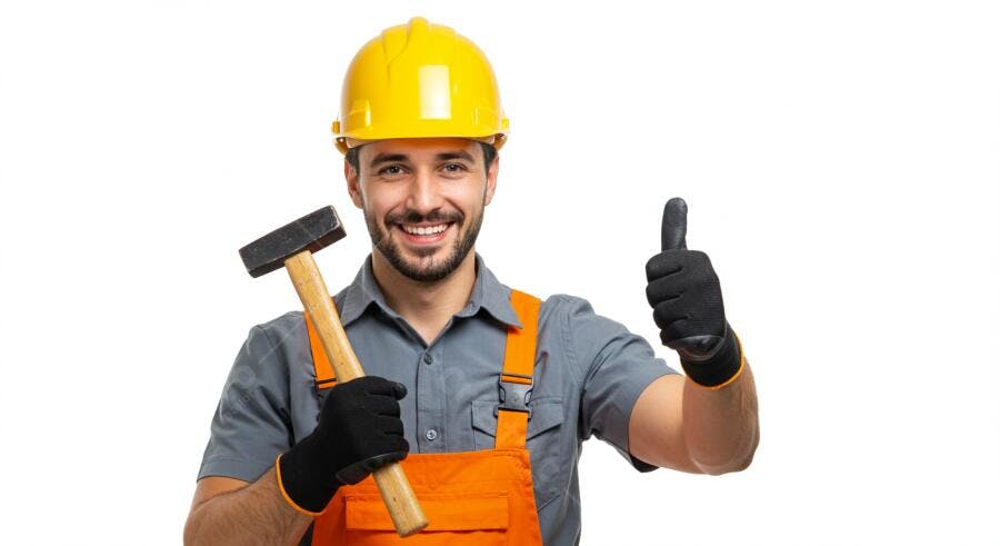 Construtor feliz com martelo e polegar para cima