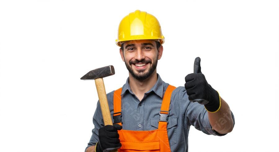 Homem sorrindo com martelo e capacete amarelo