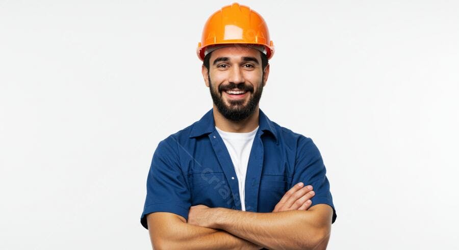 Homem sorrindo com capacete laranja