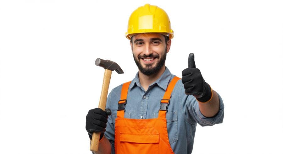 Construtor feliz com martelo e polegar para cima