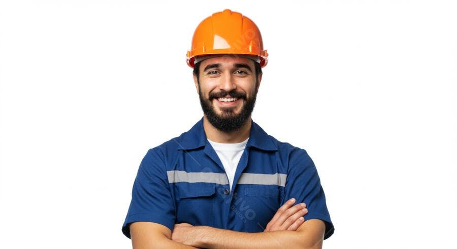 Engenheiro sorridente com capacete laranja
