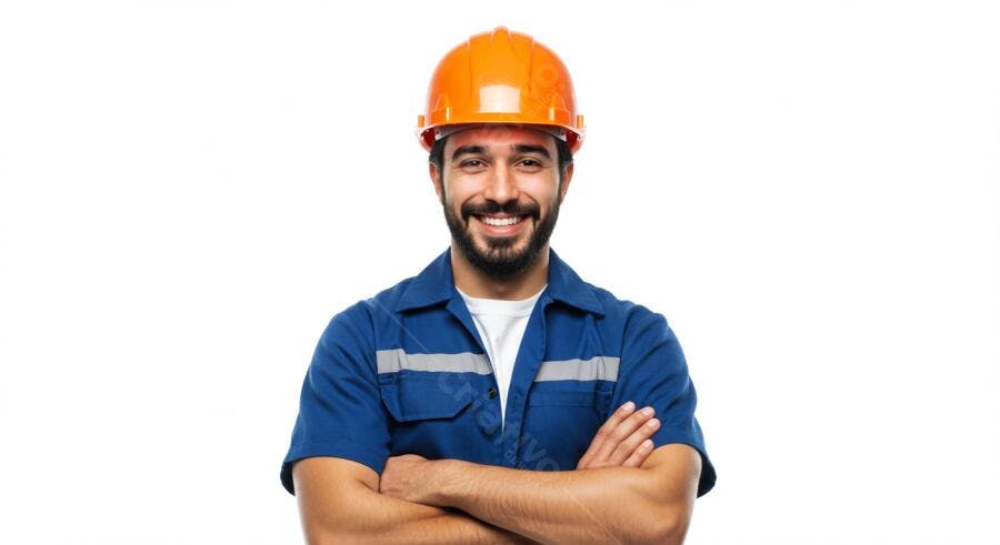 Homem sorridente usando capacete laranja