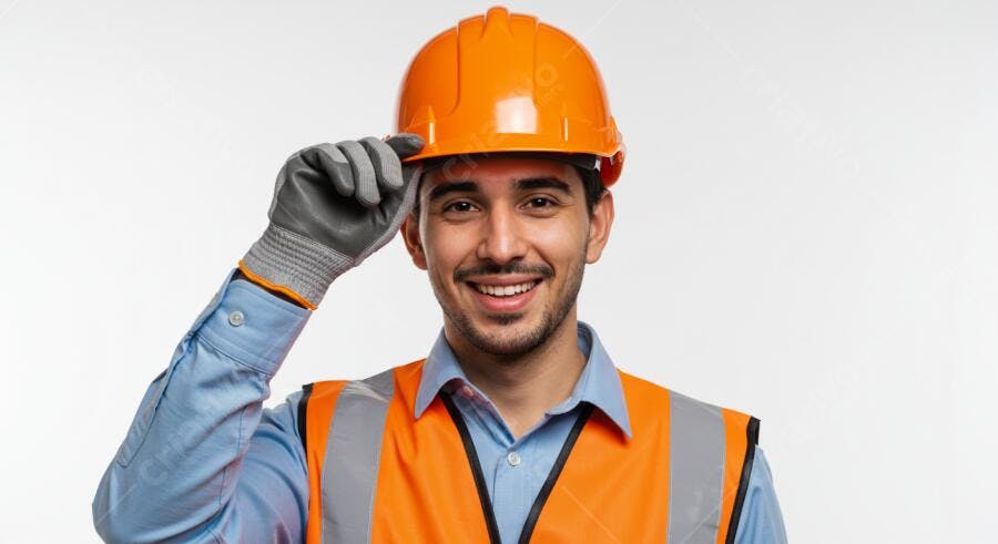 Engenheiro sorridente com capacete laranja