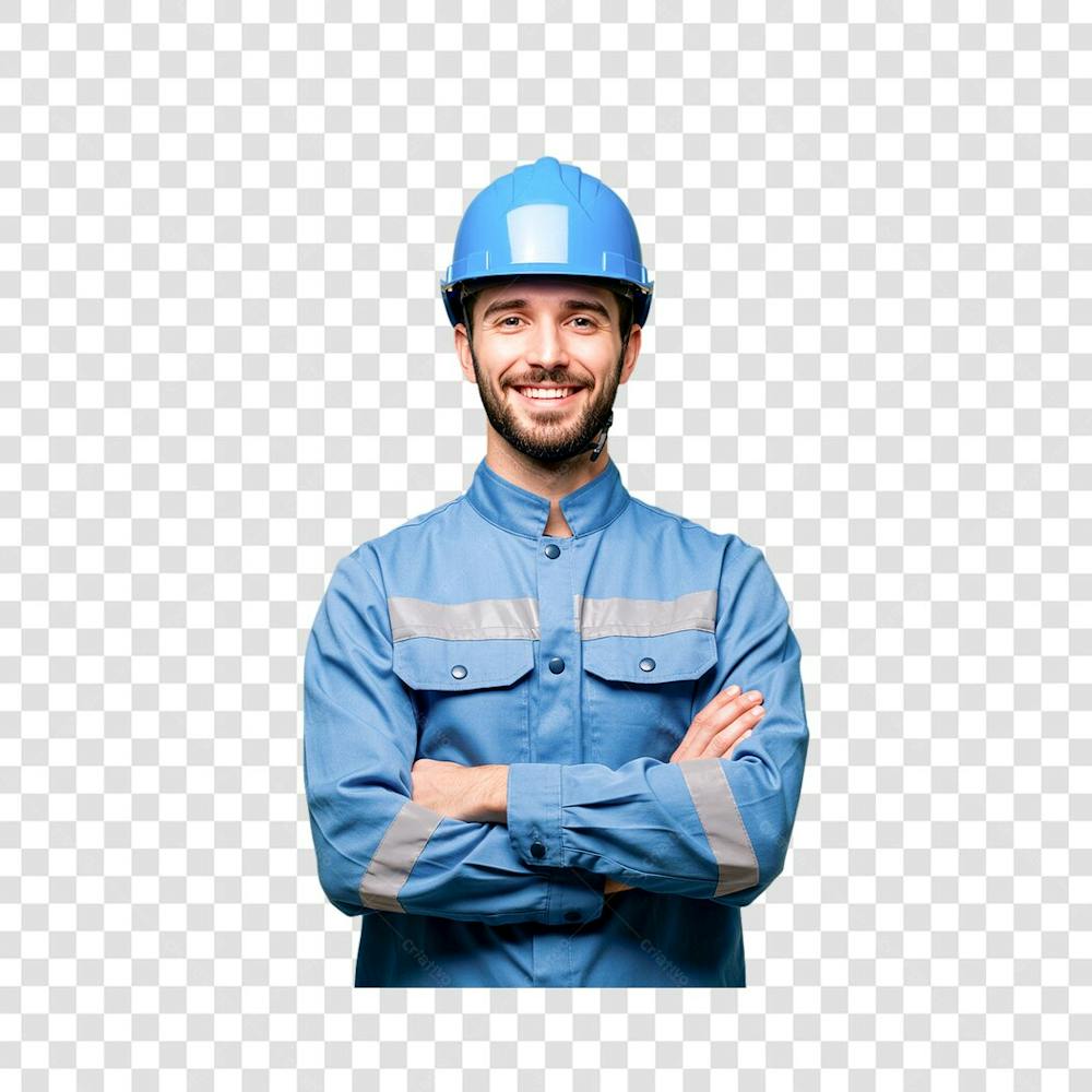 Técnico telecom usando um capacete azul uniforme neutro azul claro braços cruzados vista frontal