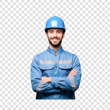 Técnico telecom usando um capacete azul uniforme neutro azul claro braços cruzados vista frontal