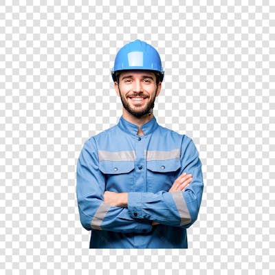 Técnico telecom usando um capacete azul uniforme neutro azul claro braços cruzados vista frontal