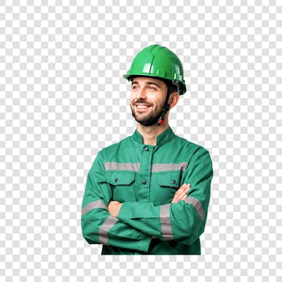 Técnico telecom usando um capacete verde uniforme neutro verde claro braços cruzados