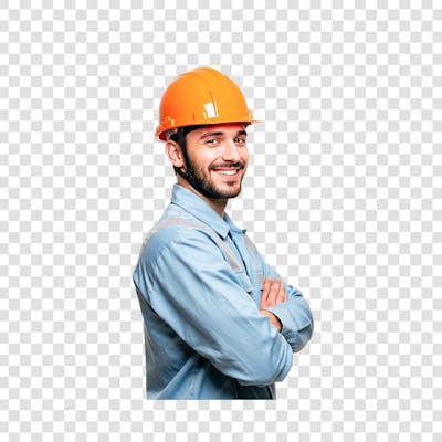 Técnico telecom usando um capacete laranja uniforme neutro azul claro braços cruzados de lado