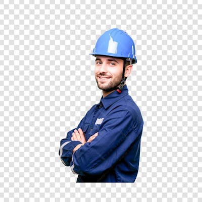 Técnico telecom usando um capacete azu uniforme neutro azul marinho braços cruzados de lado